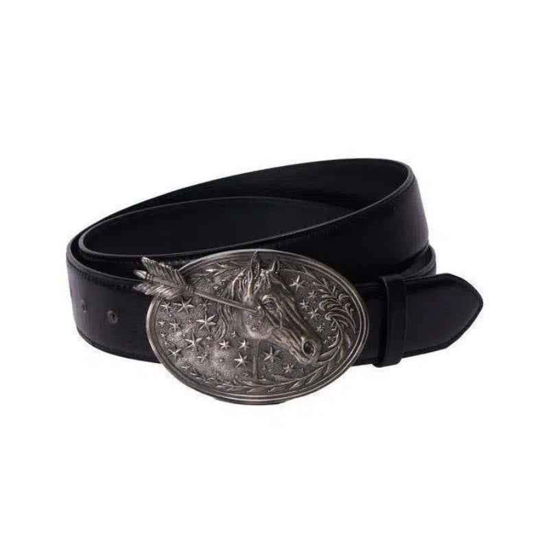 Cintura da uomo in pelle nera con fibbia a forma di stella e freccia con testa di cavallo in argento - Testa di cavallo d'argento - 34 - image 0