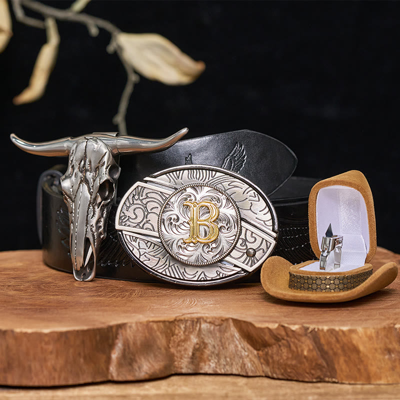 Set di anelli con ciondolo a forma di testa di toro con fibbia per cintura con coltello nascosto e lettera iniziale fai da te - B - Cintura con aquila in rilievo nera (40) - image 0