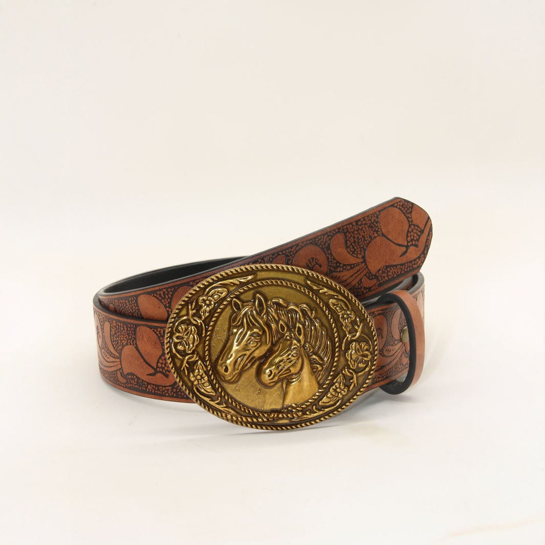 Cintura da uomo in pelle goffrata con fibbia a doppia testa di cavallo in stile western - Stile n. 1 - 38 - image 0