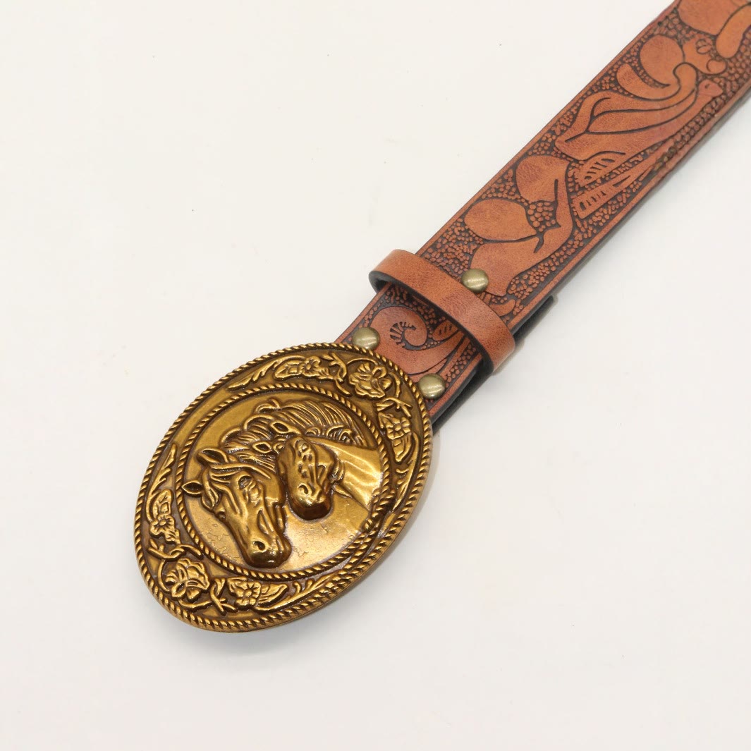 Cintura da uomo in pelle goffrata con fibbia a doppia testa di cavallo in stile western - image 1