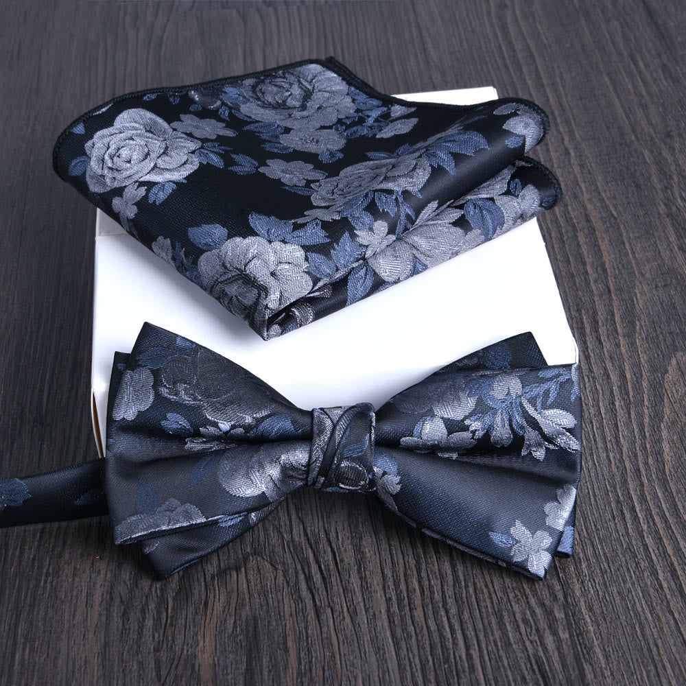 Set da 2 pezzi da uomo con papillon e fazzoletto da taschino in tessuto lucido con motivo floreale - Stile n. 2 - image 1