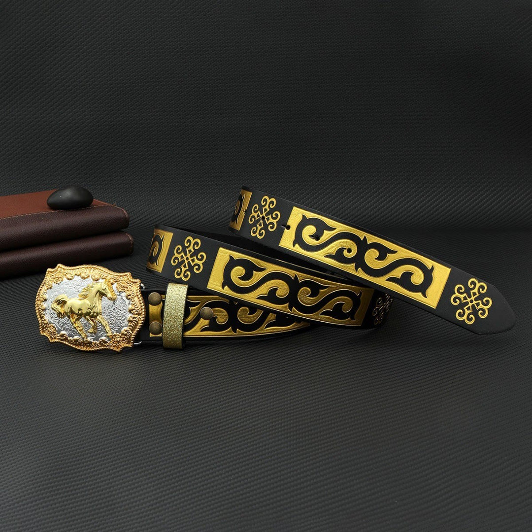 Cintura da uomo con fibbia intagliata a forma di cavallo dorato, nera e oro goffrato - D'oro - 40 - image 0