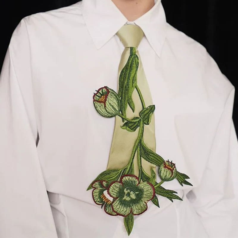 Cravatta con cerniera ricamata con motivi botanici verdi da donna - Verde - image 0