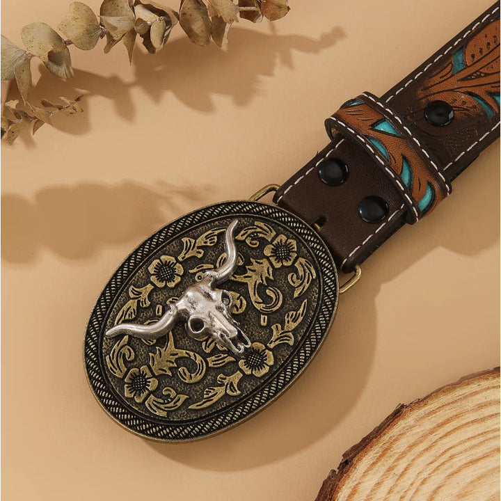 Cintura in stile western con fibbia ovale in argento dorato e testa di toro in rilievo - image 4