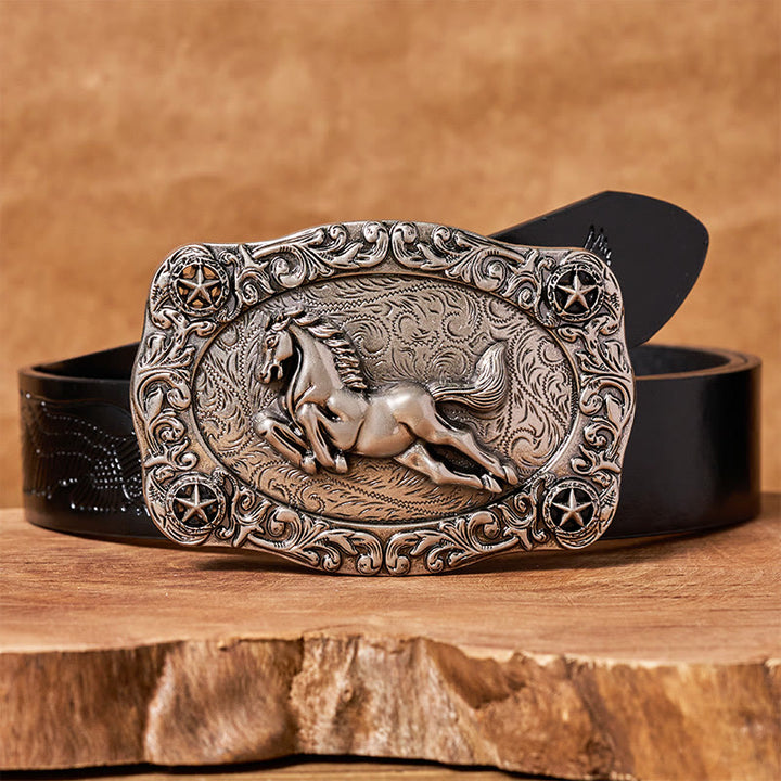 Cintura da uomo in pelle con fibbia a forma di cavallo al galoppo e stelle in argento - Cintura con aquila in rilievo nera - 42 - image 2