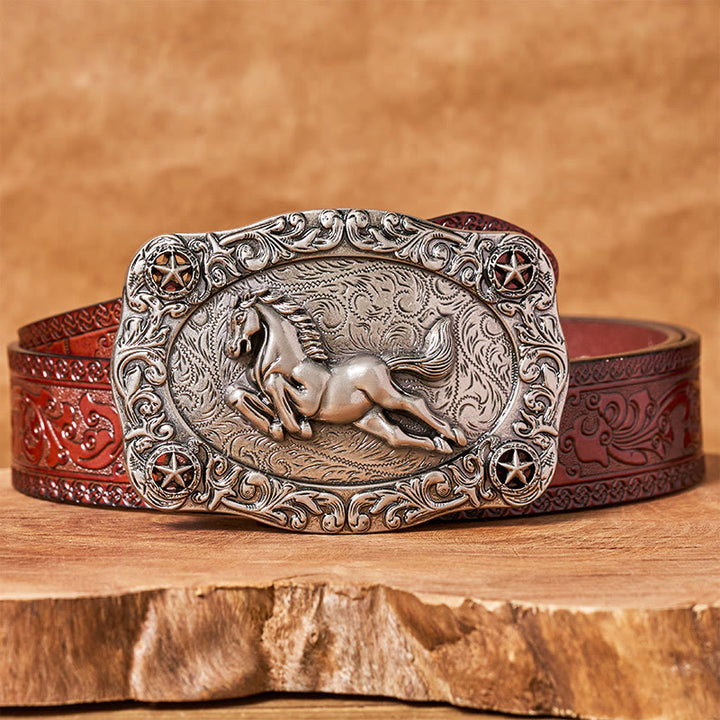 Cintura da uomo in pelle con fibbia a forma di cavallo al galoppo e stelle in argento - Cintura marrone intagliata - 42 - image 6