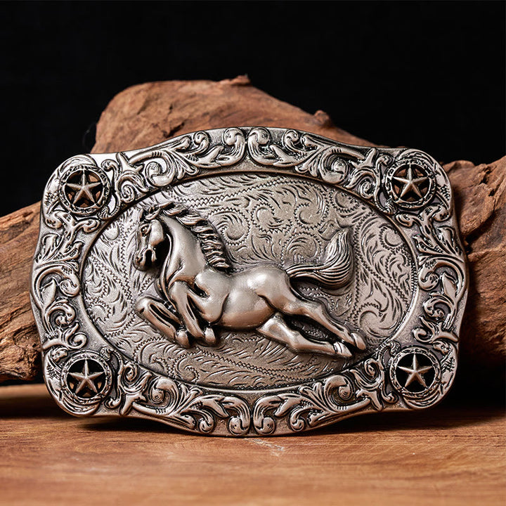 Cintura da uomo in pelle con fibbia a forma di cavallo al galoppo e stelle in argento - Senza cintura - Cintura non inclusa - image 0