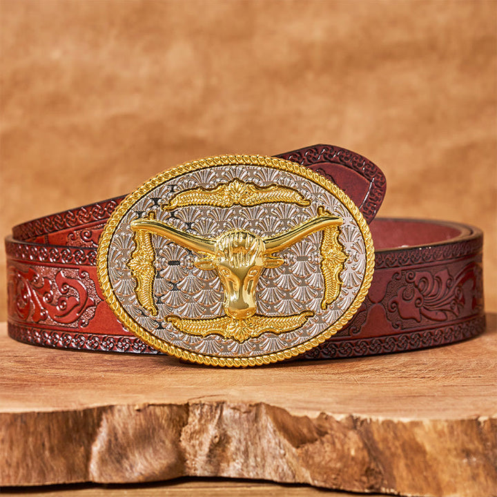 Cintura da uomo in pelle con fibbia ovale Longhorn Bullhead in oro e argento - Cintura marrone intagliata - 42 - image 6