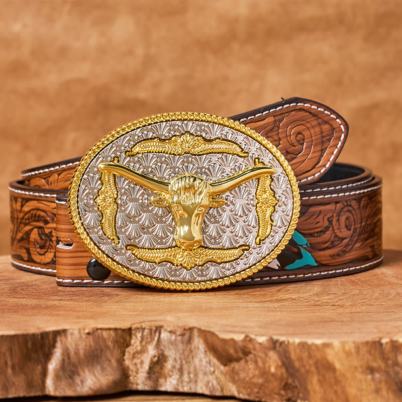 Cintura da uomo in pelle con fibbia ovale Longhorn Bullhead in oro e argento - Cintura di piume marroni - 40 - image 7
