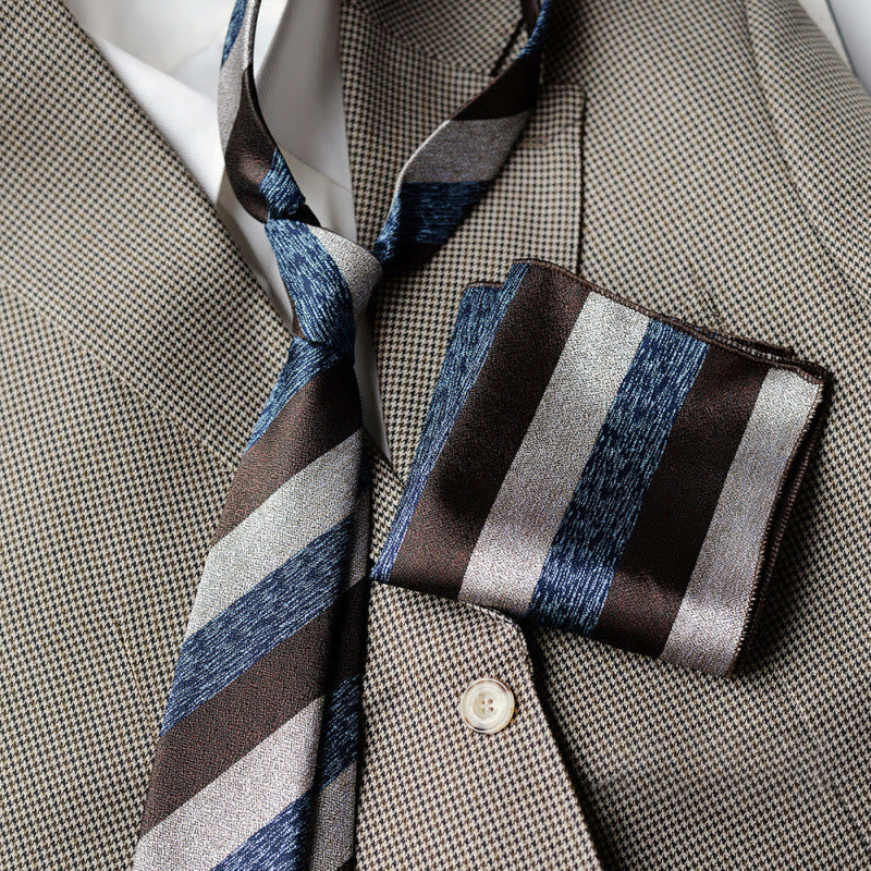 Set da uomo con cravatta e fazzoletto da taschino classici a righe - Blu e marrone - image 0