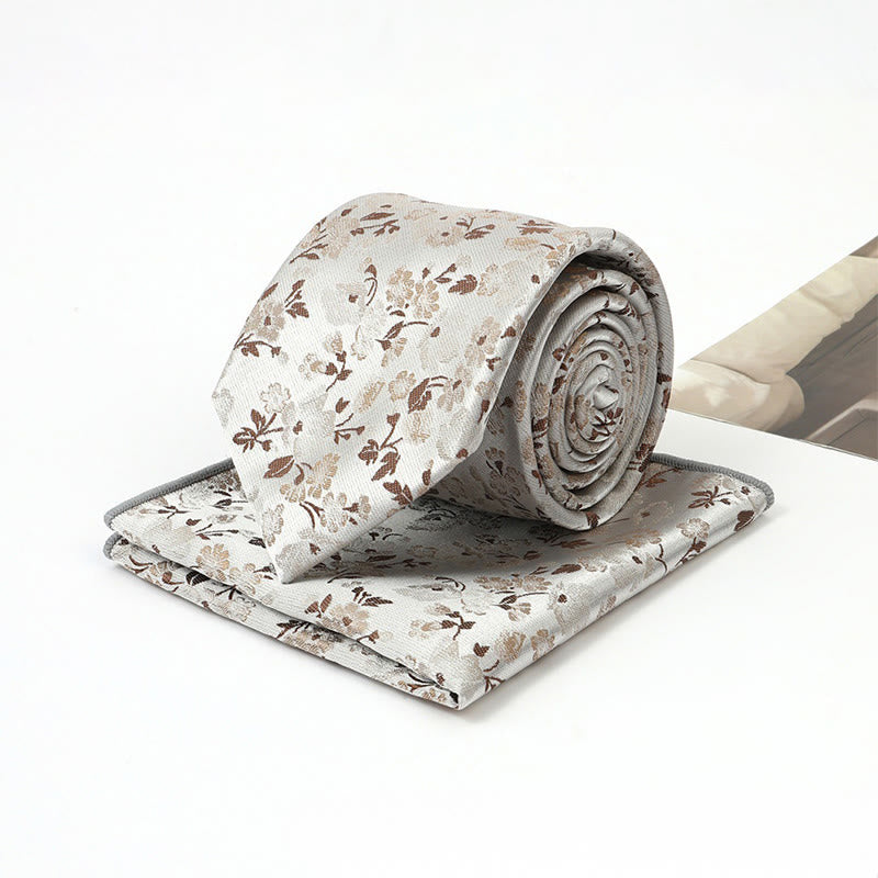 Set da uomo con cravatta e fazzoletto da taschino in jacquard floreale neutro - Argento - image 8