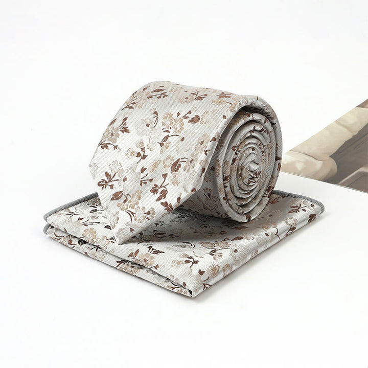 Set da uomo con cravatta e fazzoletto da taschino in jacquard floreale neutro - Argento - image 8