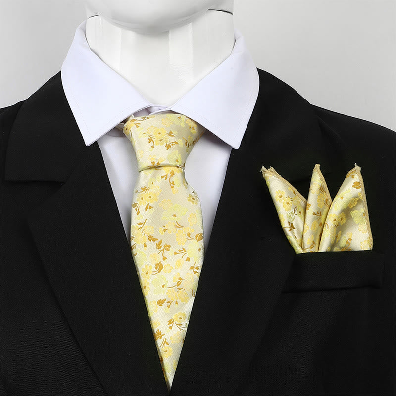Set da uomo con cravatta e fazzoletto da taschino in jacquard floreale neutro - Giallo - image 4
