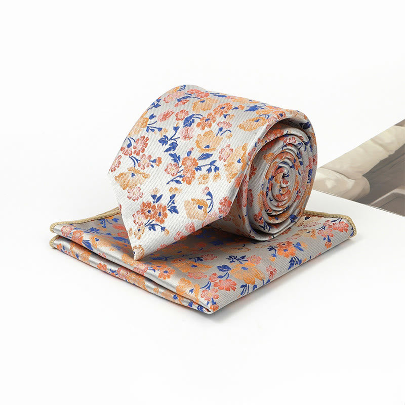 Set da uomo con cravatta e fazzoletto da taschino in jacquard floreale neutro - image 3