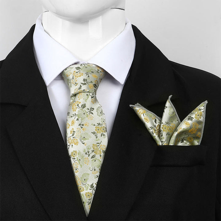 Set da uomo con cravatta e fazzoletto da taschino in jacquard floreale neutro - Verde - image 6