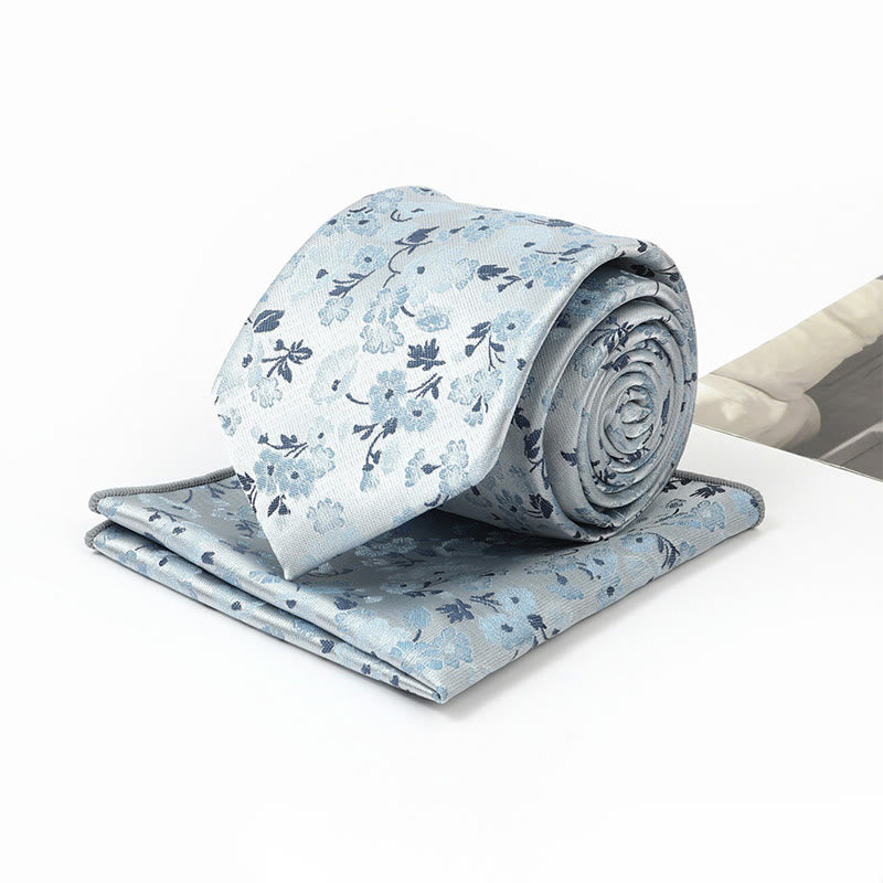 Set da uomo con cravatta e fazzoletto da taschino in jacquard floreale neutro - image 1
