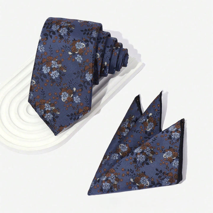 Set da uomo con cravatta e fazzoletto da taschino in jacquard floreale vintage - image 1