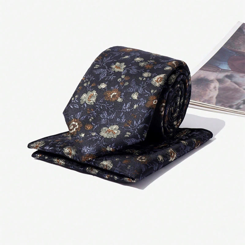 Set da uomo con cravatta e fazzoletto da taschino in jacquard floreale vintage - image 5