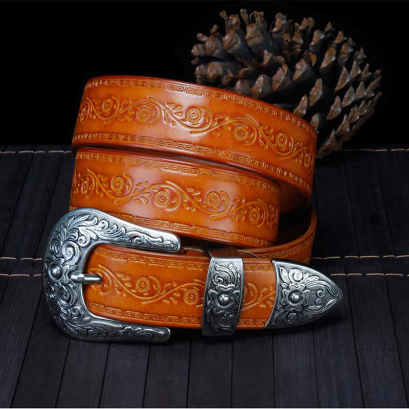 Cintura unisex in pelle con stampa floreale e texture rustica - image 17