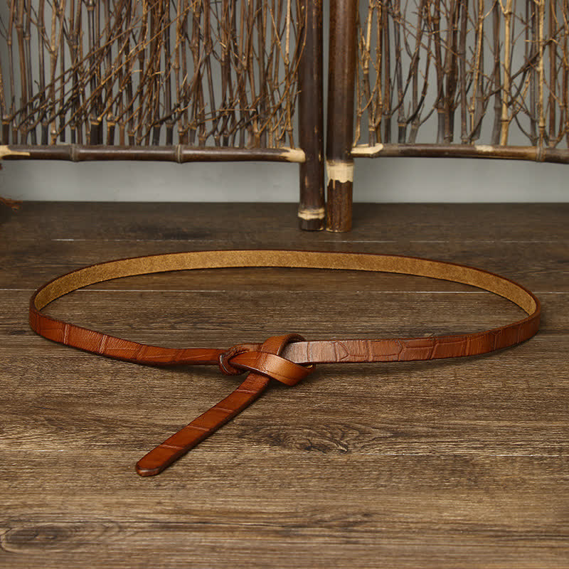 Cintura da donna in pelle con stampa coccodrillo annodata a mano - Arancia - 47,2" (120 cm) - image 6