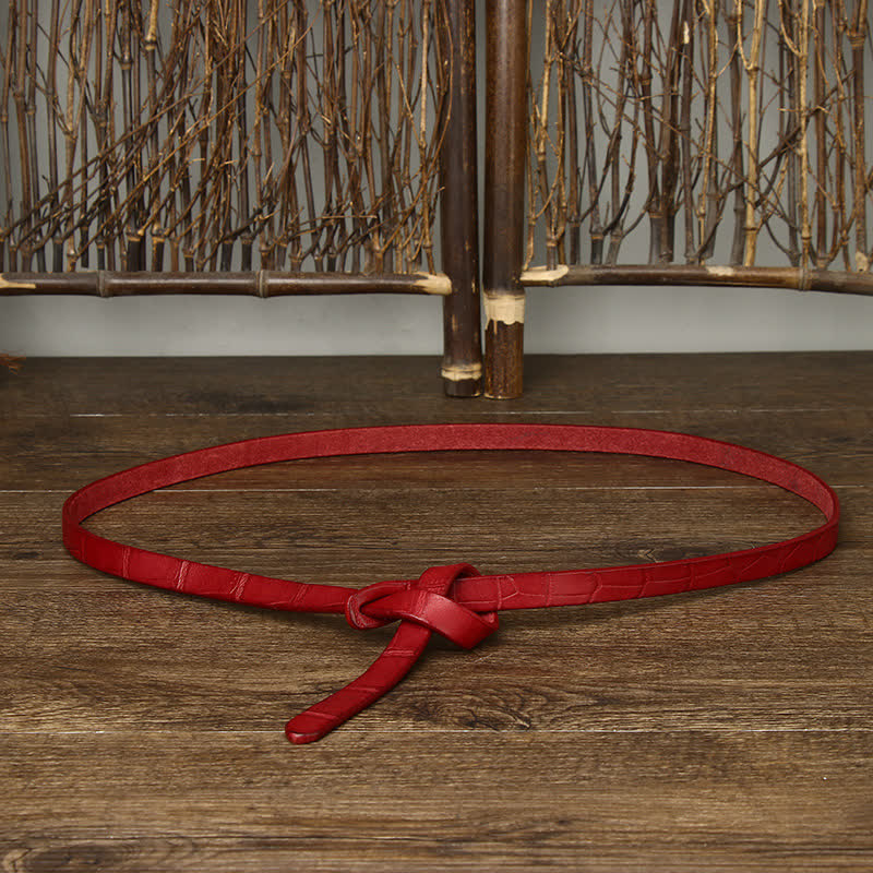 Cintura da donna in pelle con stampa coccodrillo annodata a mano - Rosso - 47,2" (120 cm) - image 8