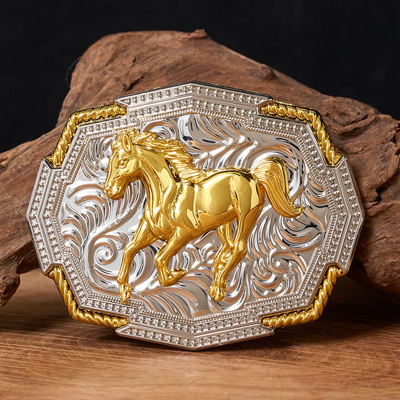 Cintura in pelle da uomo con fibbia in rilievo in oro e argento raffigurante un cavallo al galoppo in stile western - Senza cintura - Cintura non inclusa - image 0