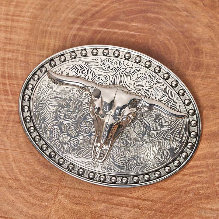 Cintura da uomo in pelle con fibbia ovale Longhorn Bullhead in argento - image 1