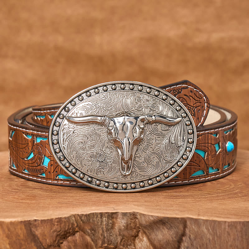 Cintura da uomo in pelle con fibbia ovale Longhorn Bullhead in argento - Cintura intagliata turchese - 42 - image 3