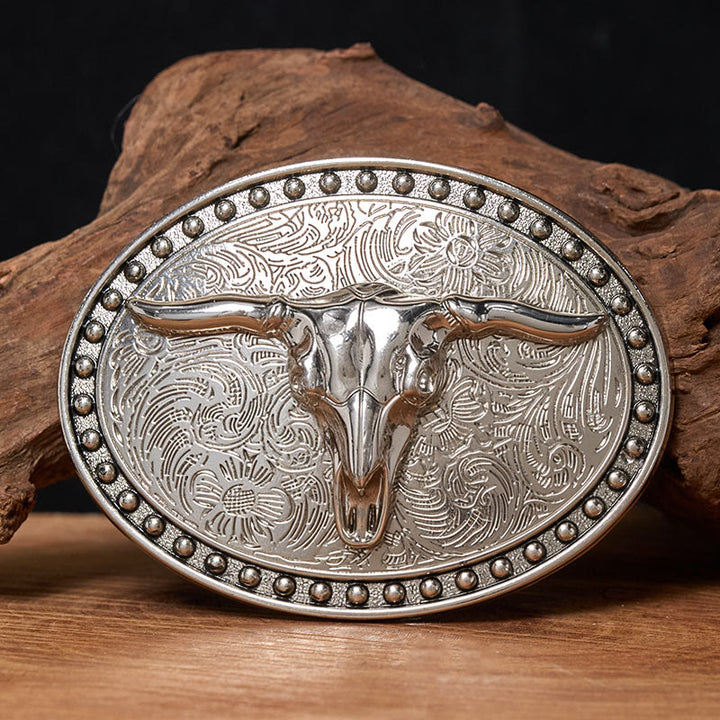 Cintura da uomo in pelle con fibbia ovale Longhorn Bullhead in argento - Senza cintura - Cintura non inclusa - image 0
