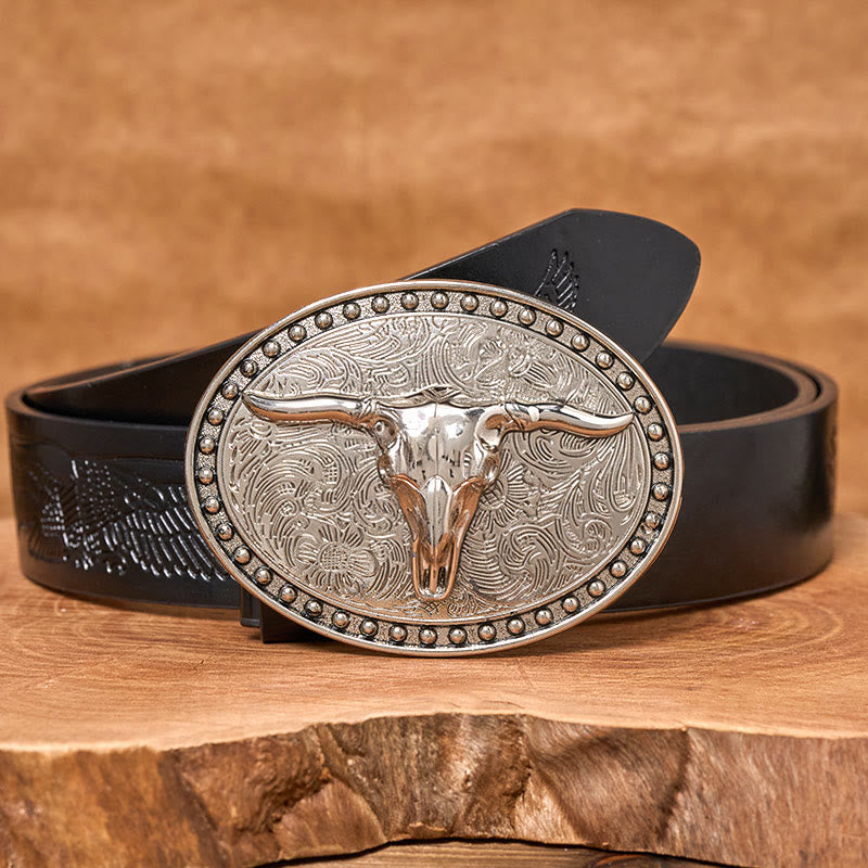 Cintura da uomo in pelle con fibbia ovale Longhorn Bullhead in argento - Cintura con aquila in rilievo nera - 42 - image 2