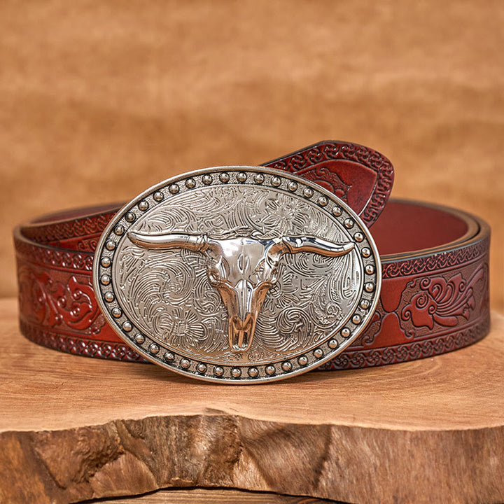 Cintura da uomo in pelle con fibbia ovale Longhorn Bullhead in argento - Cintura marrone intagliata - 42 - image 6