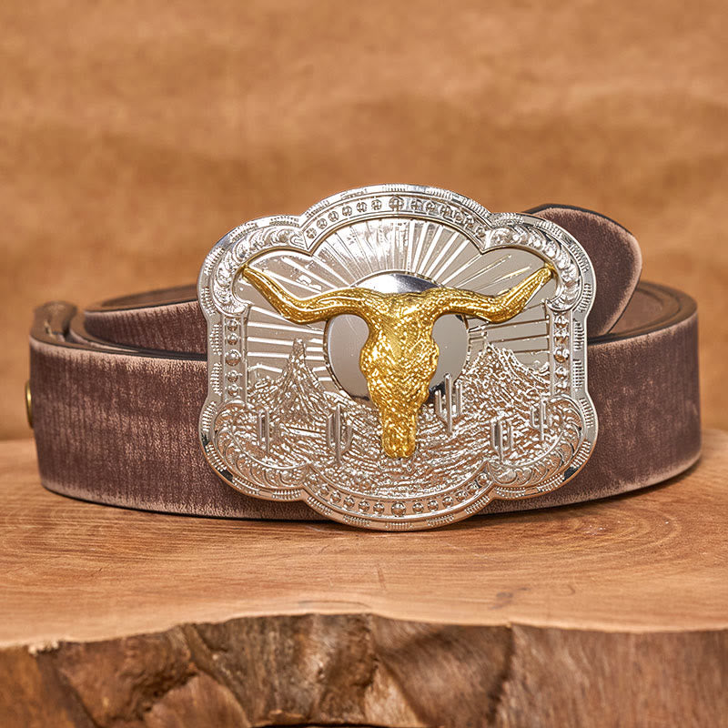 Cintura da uomo in pelle con fibbia in rilievo Western Desert Bullhead - D'oro - Cintura marrone anticata - 42 - image 10