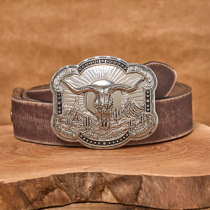 Cintura da uomo in pelle con fibbia in rilievo Western Desert Bullhead - Argento - Cintura marrone anticata - 42 - image 9