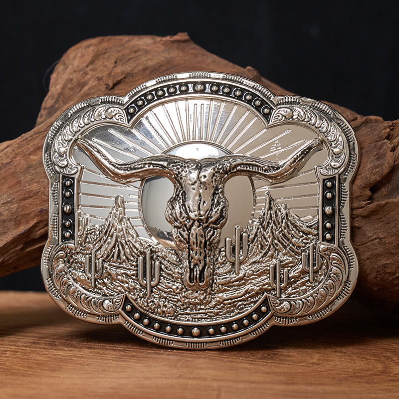 Cintura da uomo in pelle con fibbia in rilievo Western Desert Bullhead - Argento - Senza cintura - Cintura non inclusa - image 0