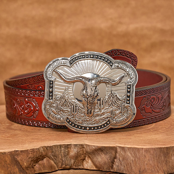 Cintura da uomo in pelle con fibbia in rilievo Western Desert Bullhead - Argento - Cintura marrone intagliata - 42 - image 11