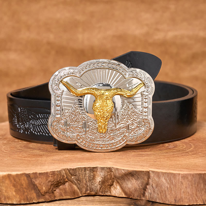 Cintura da uomo in pelle con fibbia in rilievo Western Desert Bullhead - D'oro - Cintura con aquila in rilievo nera - 42 - image 4