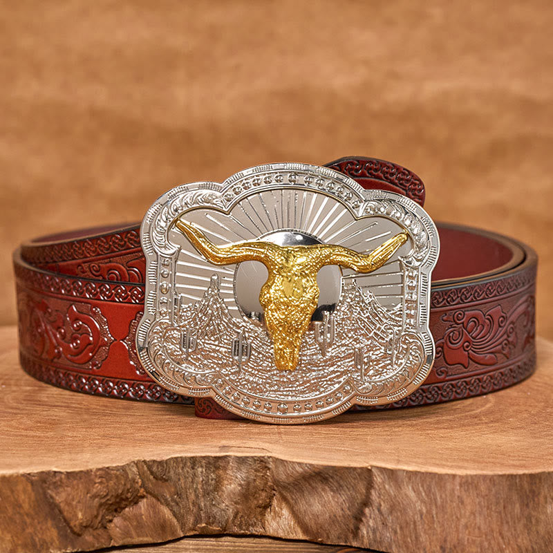 Cintura da uomo in pelle con fibbia in rilievo Western Desert Bullhead - D'oro - Cintura marrone intagliata - 42 - image 12
