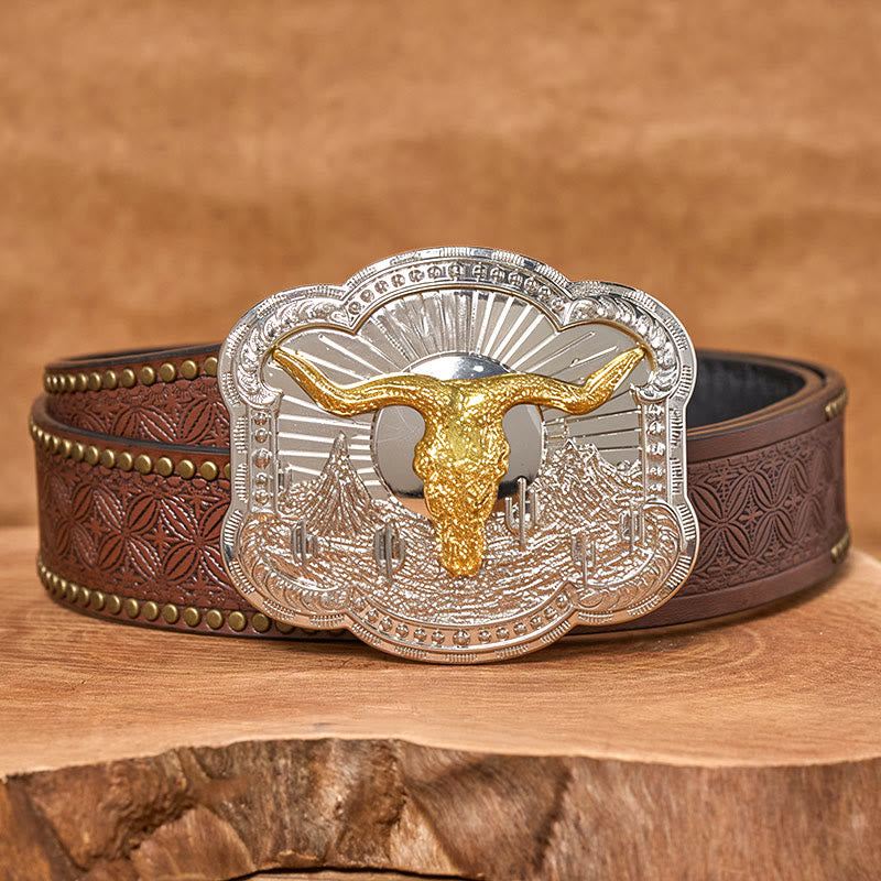 Cintura da uomo in pelle con fibbia in rilievo Western Desert Bullhead - D'oro - Cintura con rivetti marroni - 42 - image 8