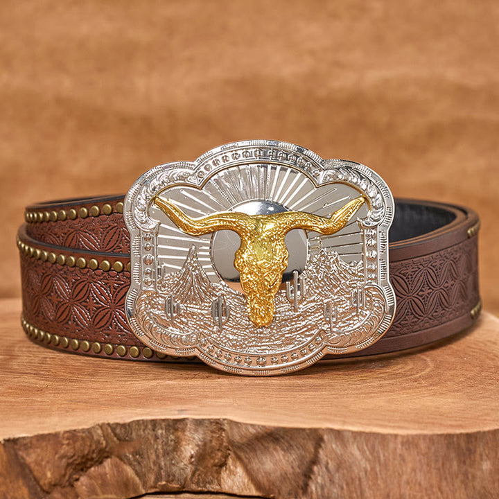 Cintura da uomo in pelle con fibbia in rilievo Western Desert Bullhead - D'oro - Cintura con rivetti marroni - 42 - image 8