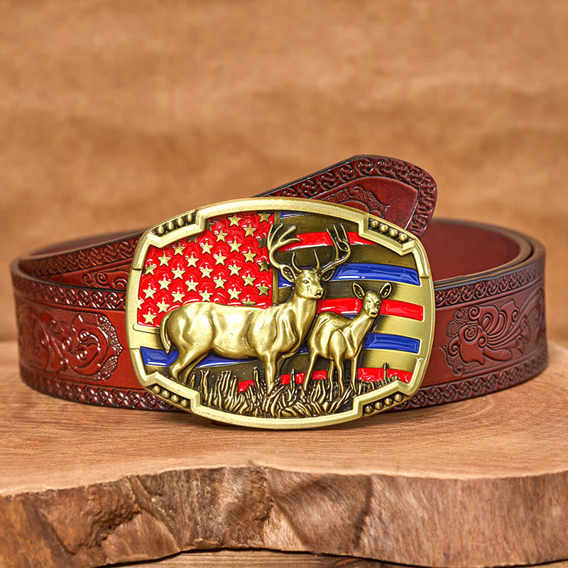 Cintura da uomo in pelle con fibbia colorata a forma di cervo con stelle e strisce - # 1 - Cintura marrone intagliata - 42 - image 18