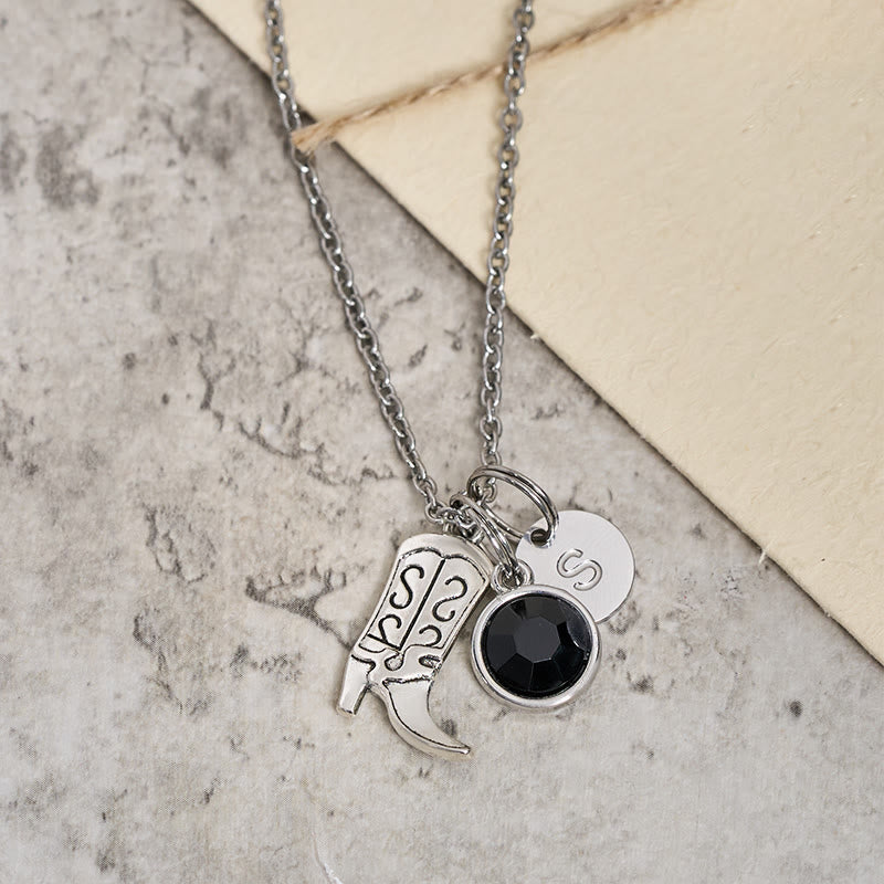 Collana con ciondolo in pietra preziosa con stivali da cowboy western in argento e lettera - Nero - Z - image 1