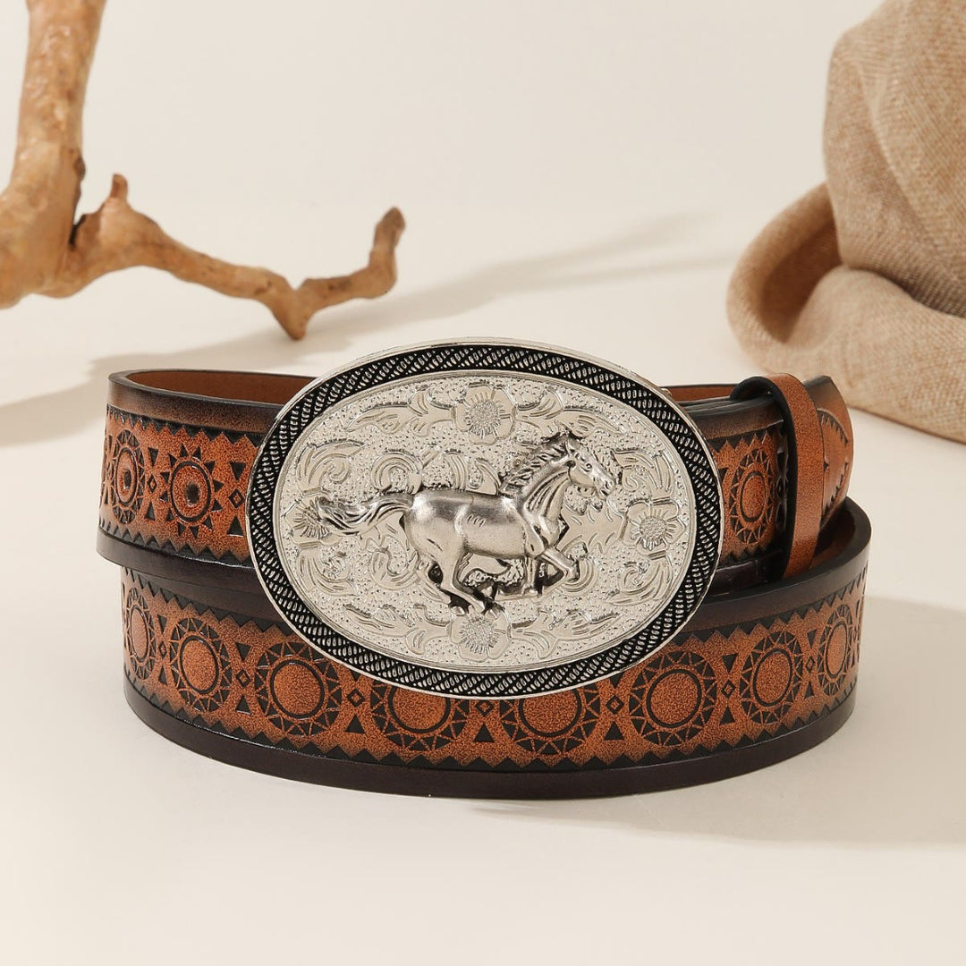 Cintura da uomo in pelle goffrata con fibbia ovale argentata a forma di cavallo da corsa - Cavallo d'argento - 44 - image 0