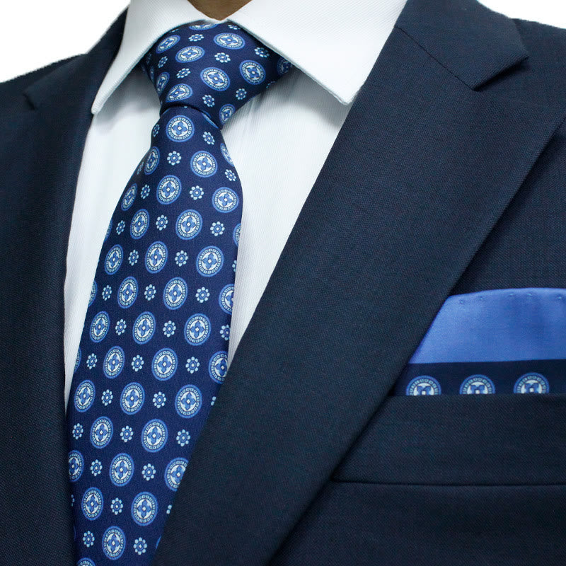 2 pezzi cravatta con fazzoletto da taschino stampato rotondo retrò blu navy - Blu navy - image 0