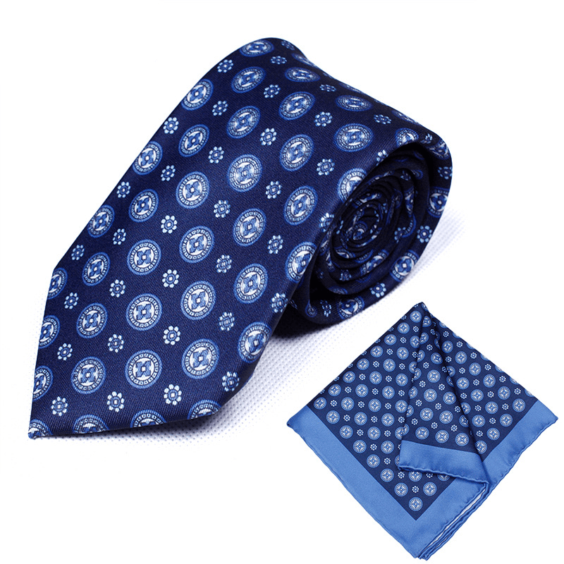 2 pezzi cravatta con fazzoletto da taschino stampato rotondo retrò blu navy - image 1