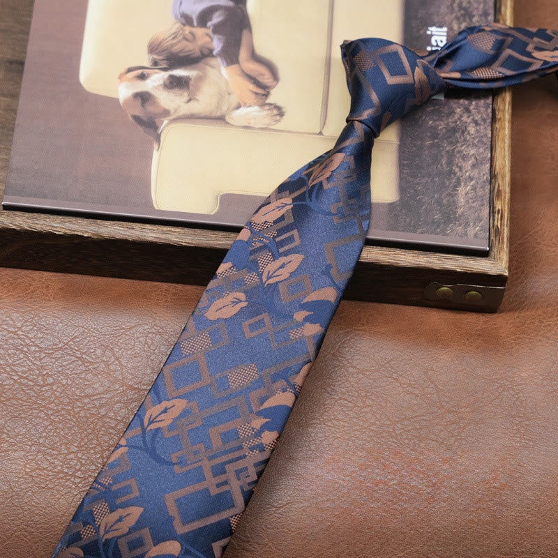 Cravatta da uomo blu navy retrò con motivo geometrico floreale - Blu navy - image 0