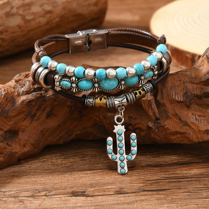 Bracciale in pelle con ciondolo turchese e cactus occidentale - image 2