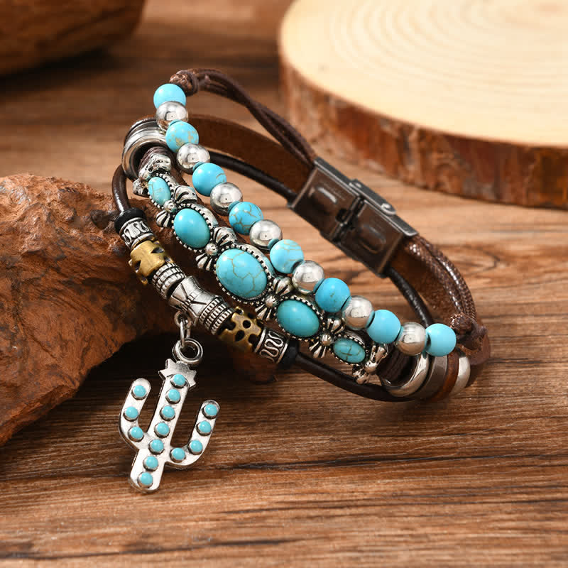 Bracciale in pelle con ciondolo turchese e cactus occidentale - Cactus - image 0