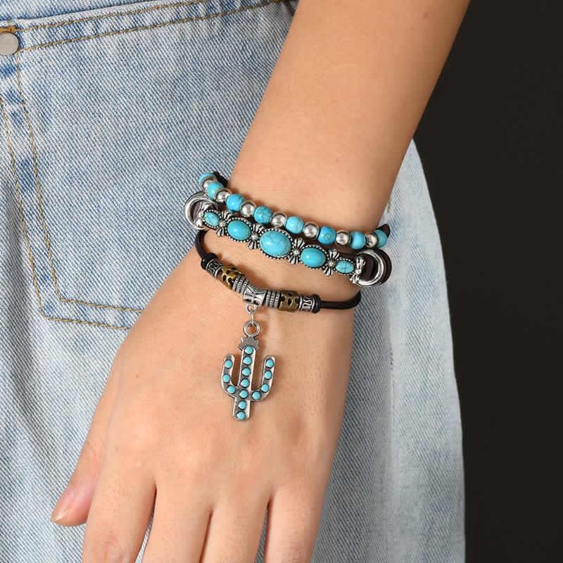 Bracciale in pelle con ciondolo turchese e cactus occidentale - image 1