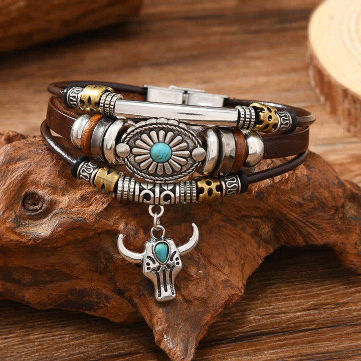 Bracciale in pelle a strati Western Essential Bull Skull - Teschio di toro - image 0