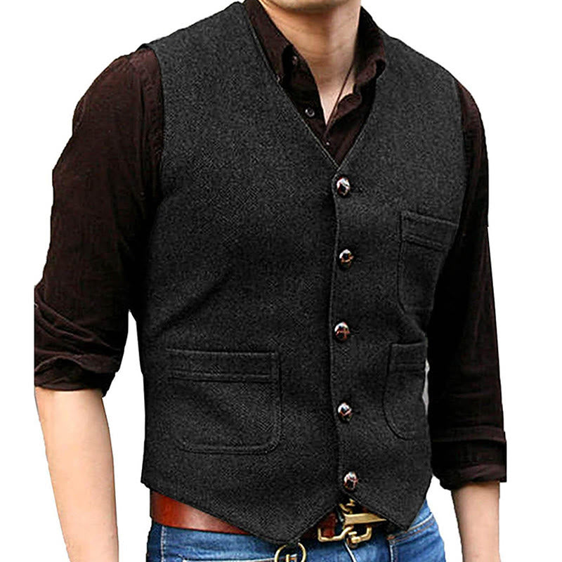 Gilet multitasche da uomo in stile western retrò con scollo a V - Nero - 3XL - image 4